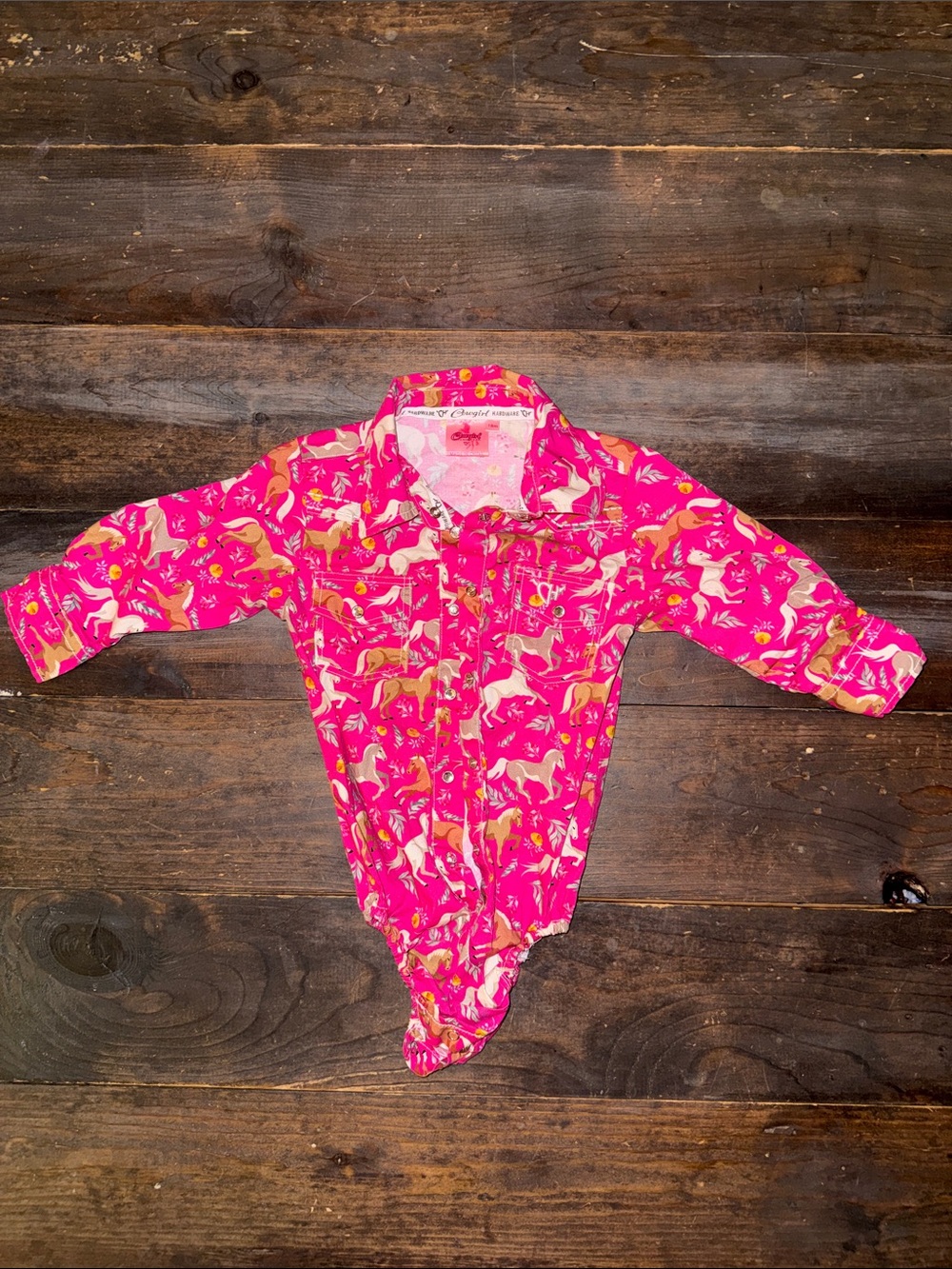 Girls' Pink Cowgirl Hardware Horse Print Rhinestone Button Front Shirt Onsie